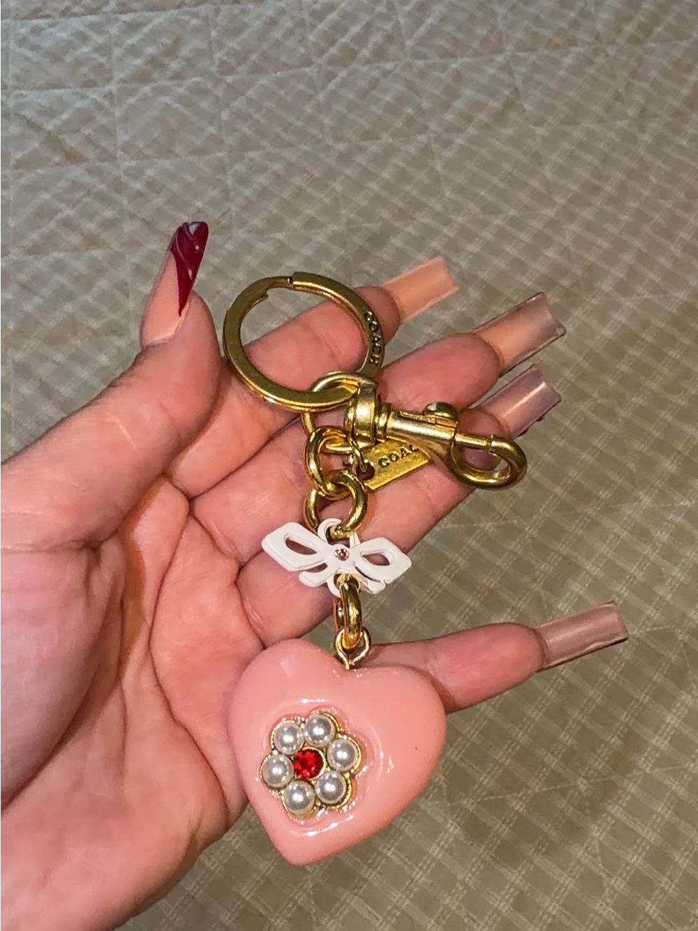 Coach Pink Heart Key Charm with Pearl Flower and Gold Hardware